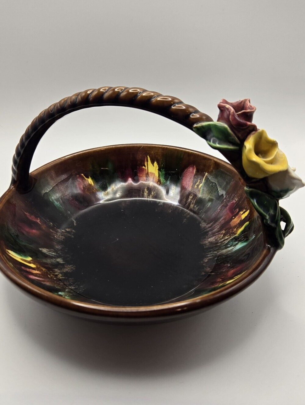 Vintage St. Peter Graz Ceramic Handled Basket Bowl Austria Multicolor Floral